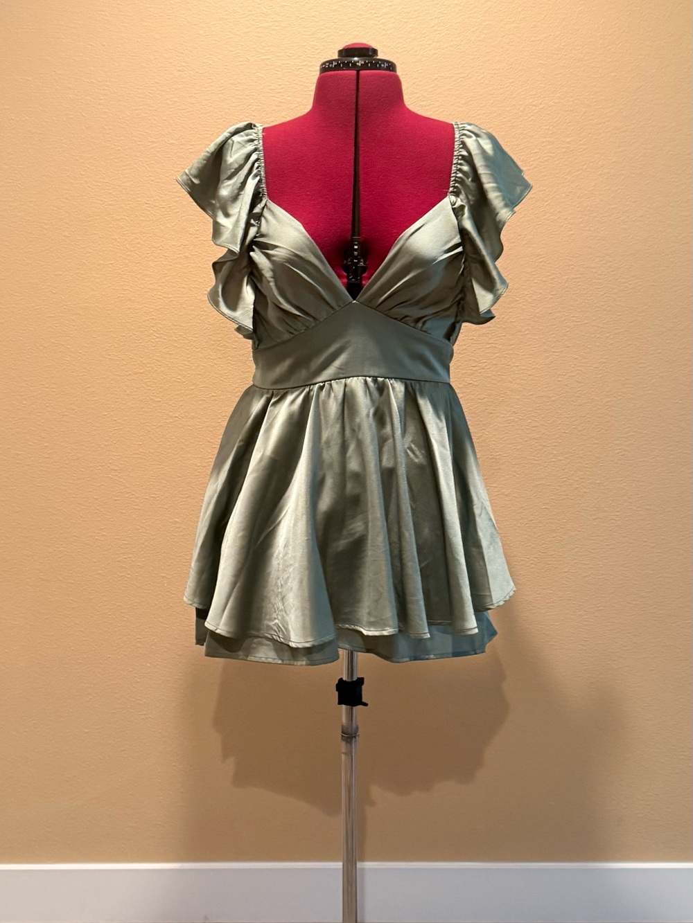 Satin V-Neck Peplum Top with Ruffle Sleeves